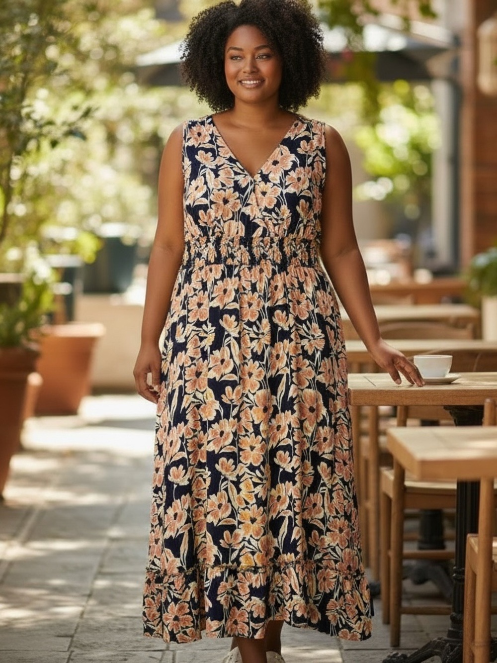 Suzanne Betro Navy Maxi Dress with Peach Floral Print